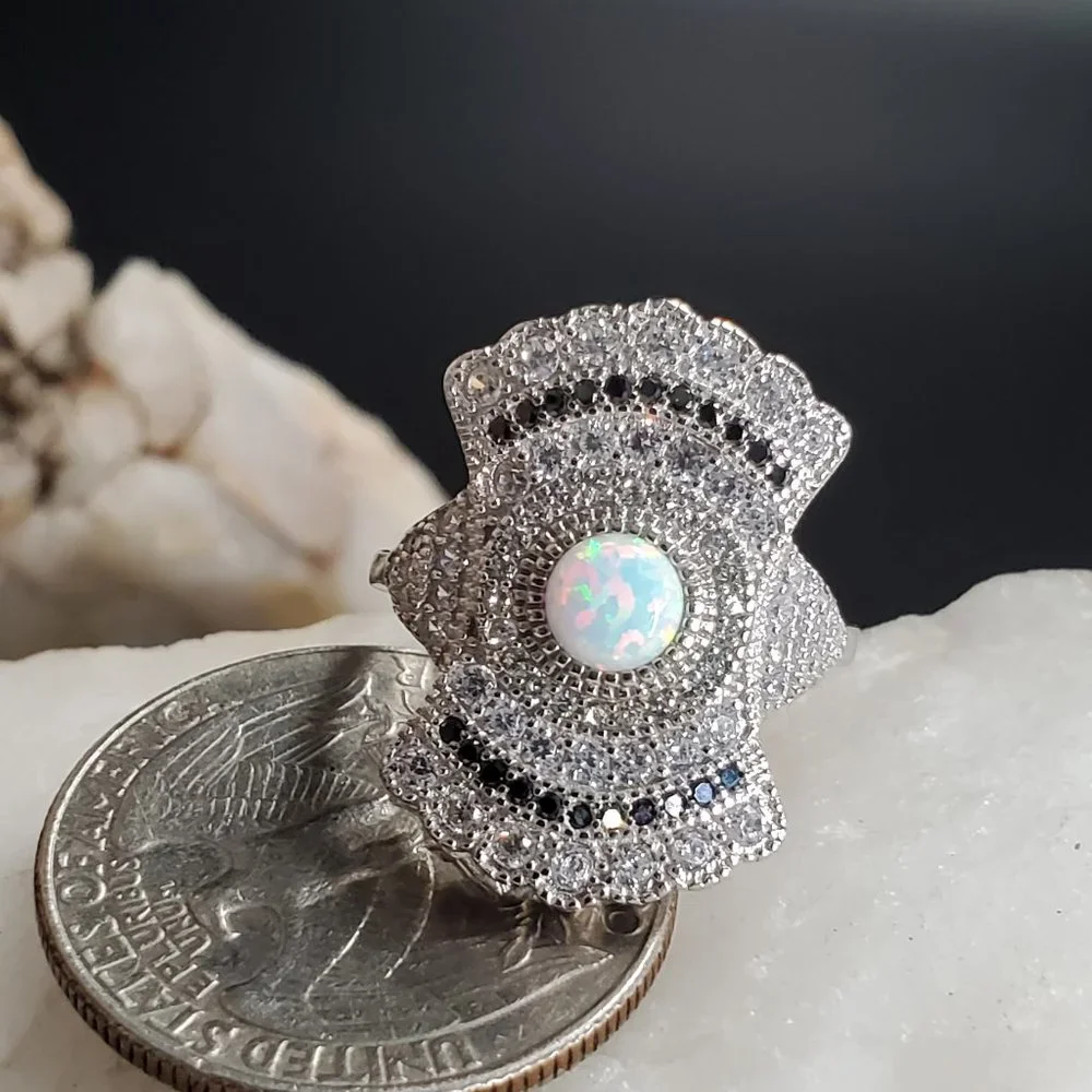 Sterling 925 Silver Ring Natural Opal Jewelry Black White Topaz Crystal